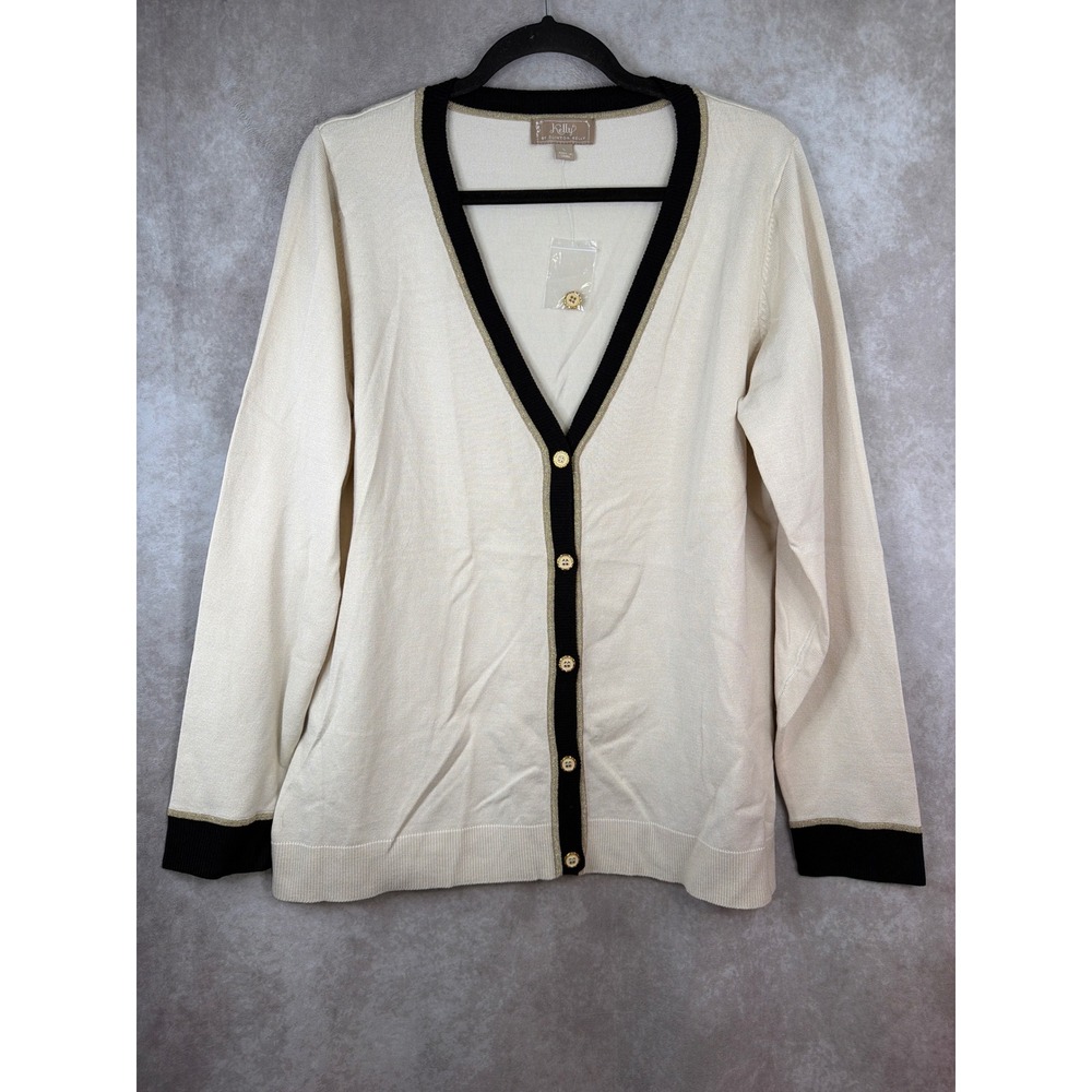 NWOT Kelly‎ by Clinton Kelly Womens Cream Cardigan Sweater Metallic Trim Size L